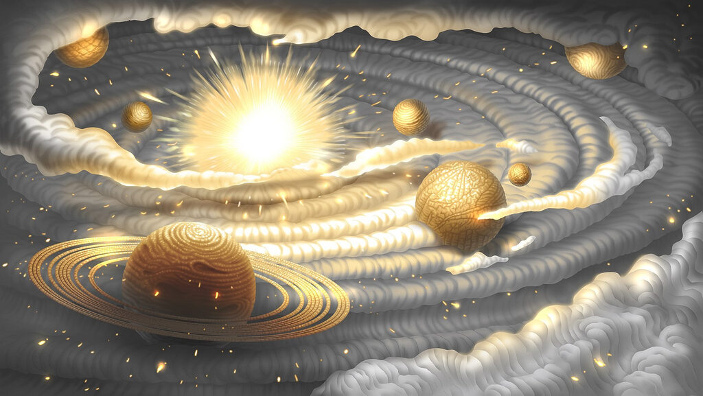 Gouden planeten in wolkenbanen — volledig ontwerp