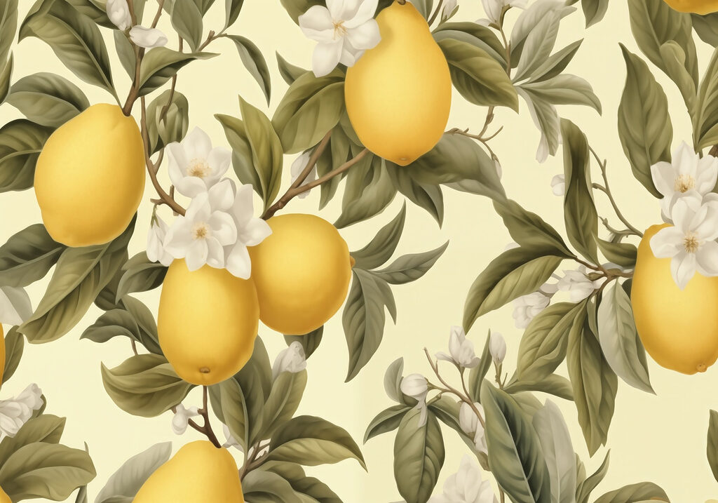 Citroenen tussen roomwitte bloesem — volledig ontwerp