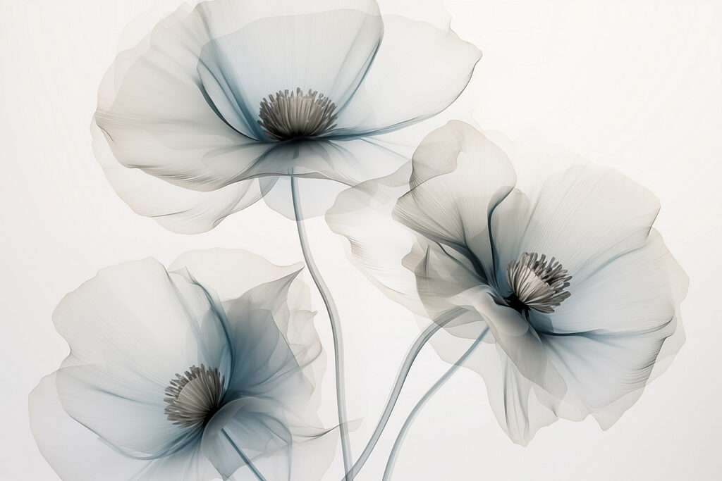 Transparante bloemen met grijsblauw — volledig ontwerp