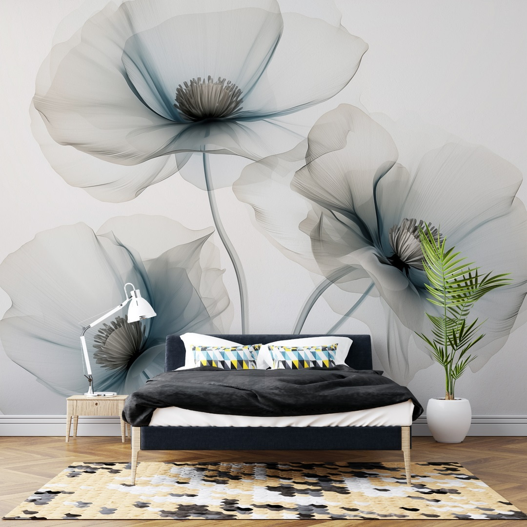 Transparante bloemen met grijsblauw — interieur 2