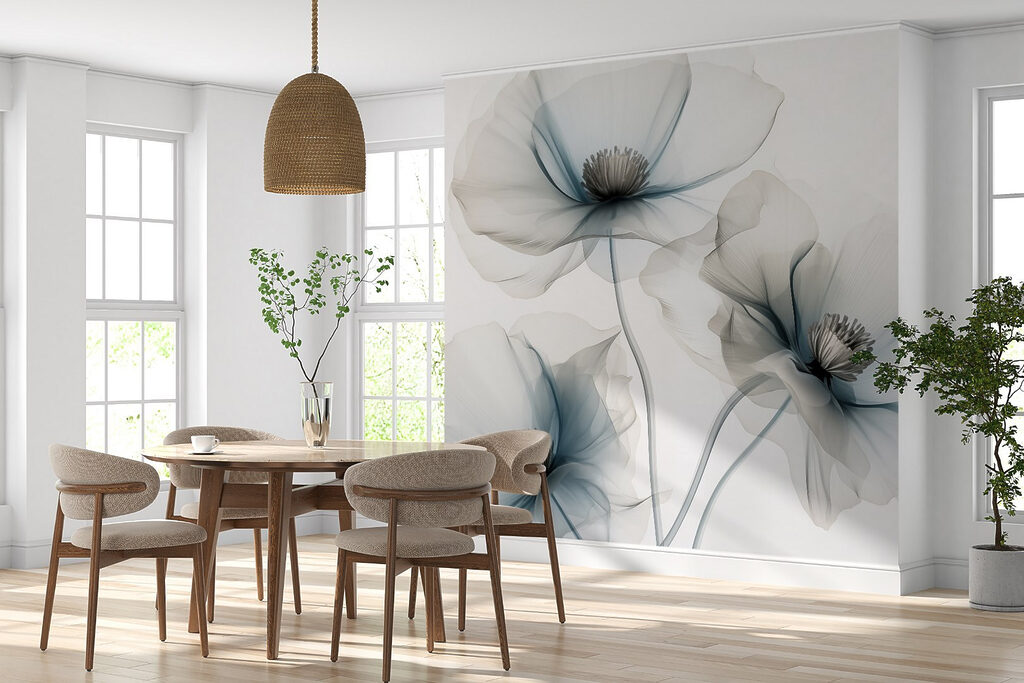 Transparante bloemen met grijsblauw — interieur 1