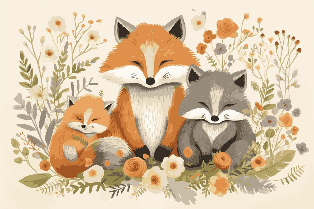 Bosvriendjes in een bloemenkrans — volledig ontwerp