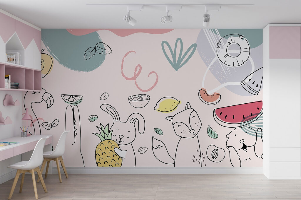 Beeldverhaal dieren die fruit vasthouden in een interieur
