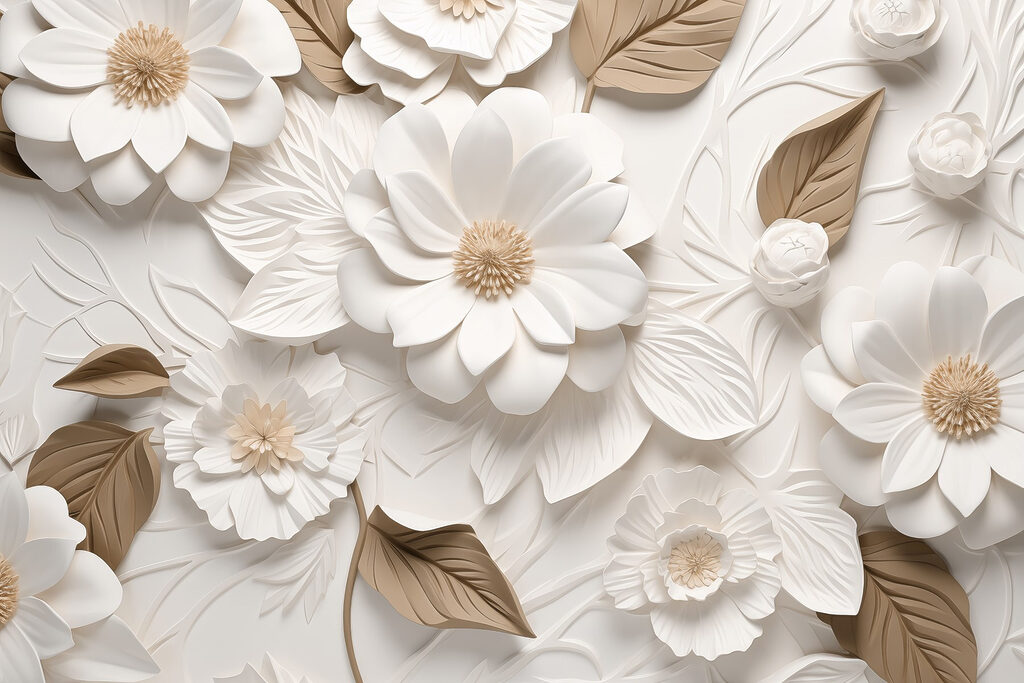 Witte bloemen in reliëflagen — volledig ontwerp