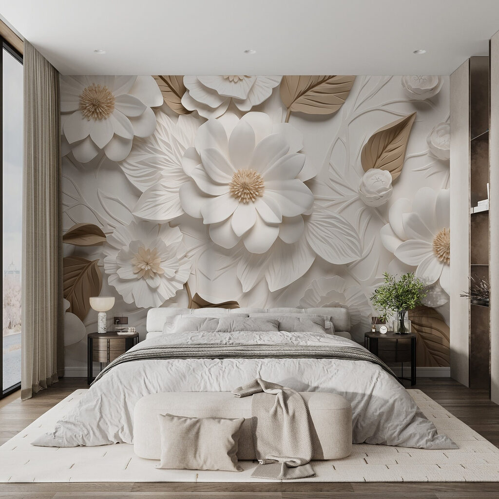 Witte bloemen in reliëflagen — interieur 1