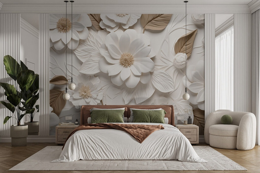 Witte bloemen in reliëflagen — interieur 2
