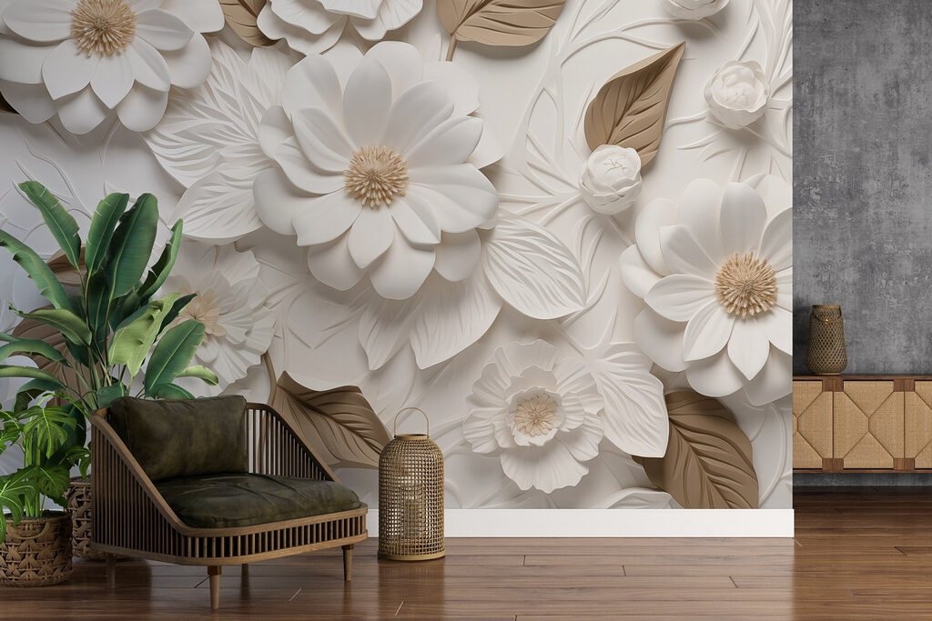 Witte bloemen in reliëflagen — interieur 3