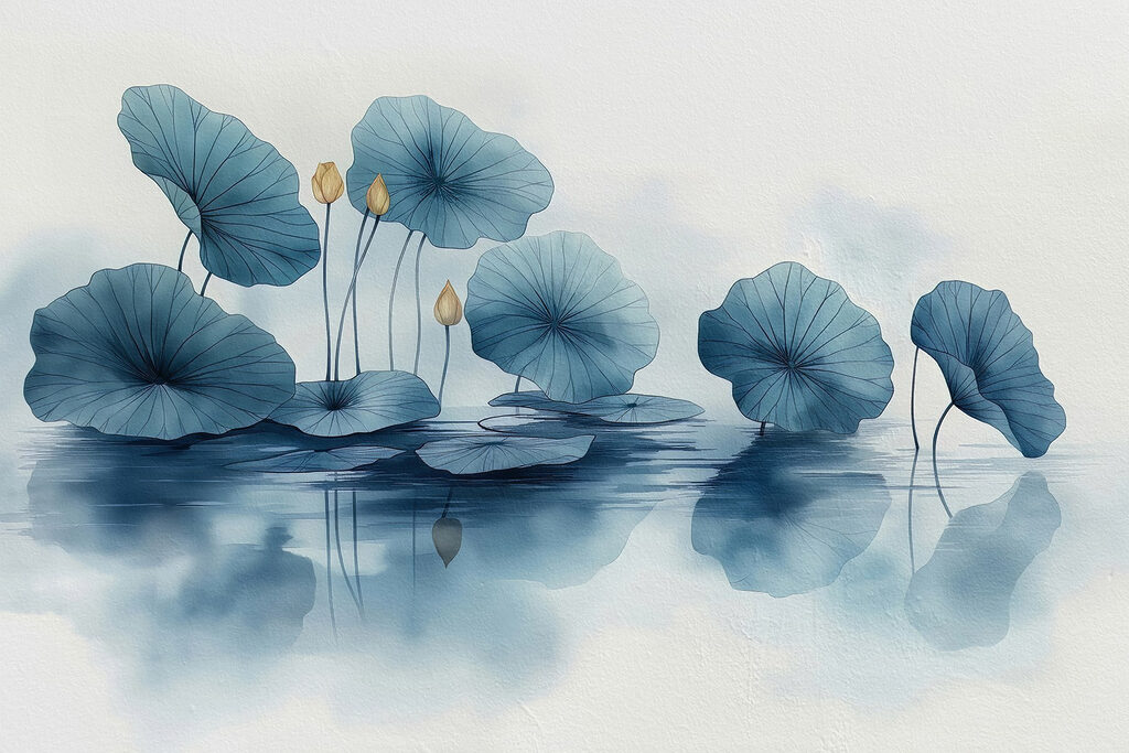 Blauwe lotusbladeren boven spiegeling — volledig ontwerp
