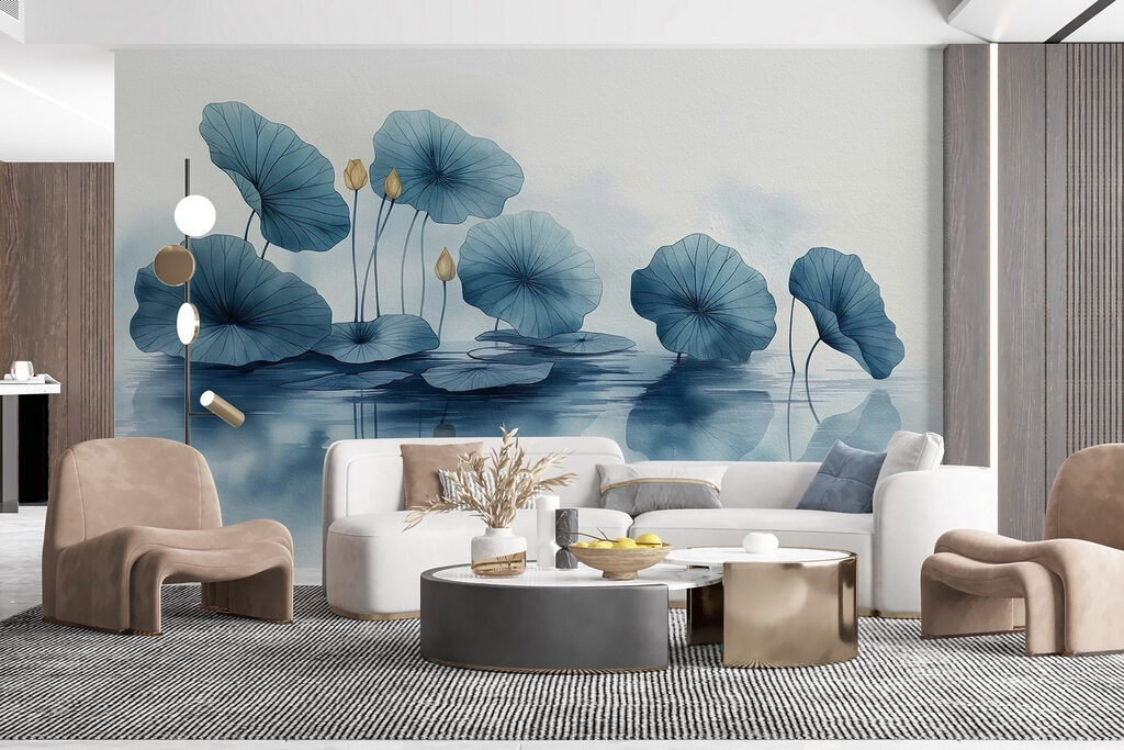 Blauwe lotusbladeren boven spiegeling — interieur 2