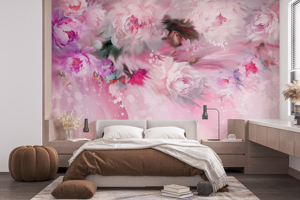 Schilderij van bloemen op roze achtergrond in een interieur