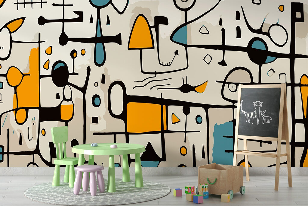 Speelse lijnfiguren met okervlakken — interieur 1