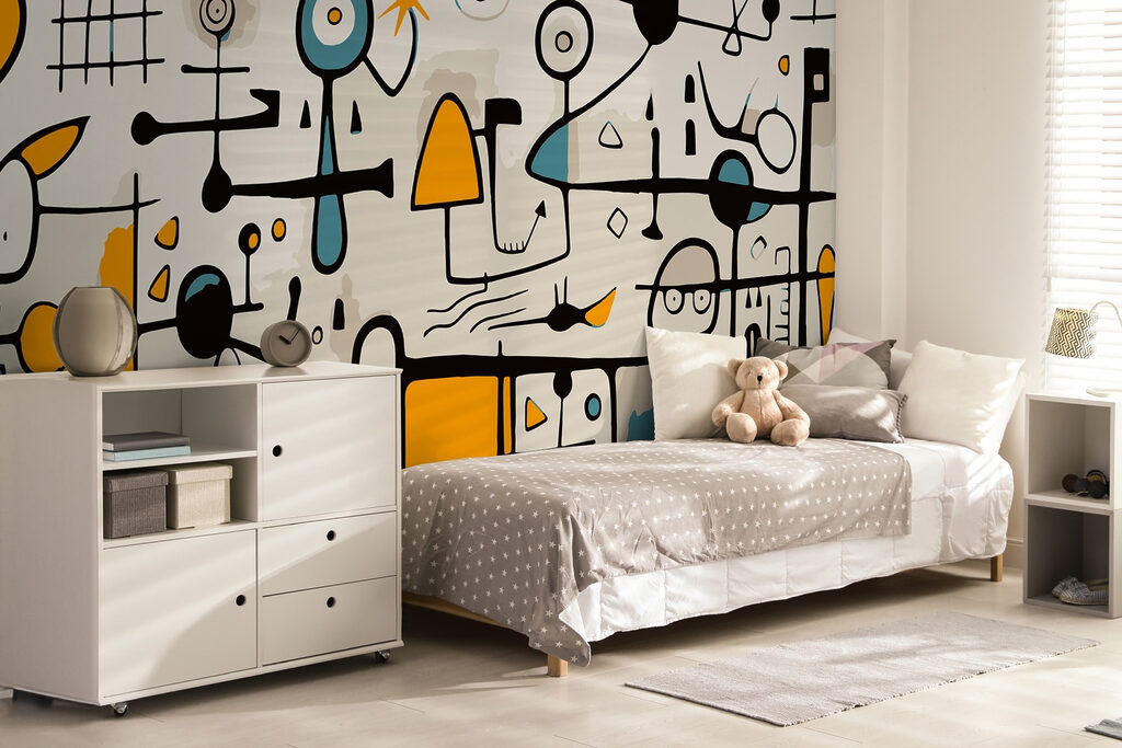 Speelse lijnfiguren met okervlakken — interieur 2