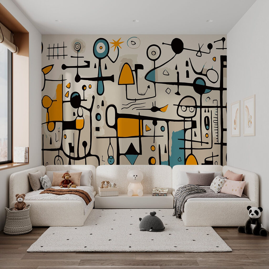 Speelse lijnfiguren met okervlakken — interieur 3