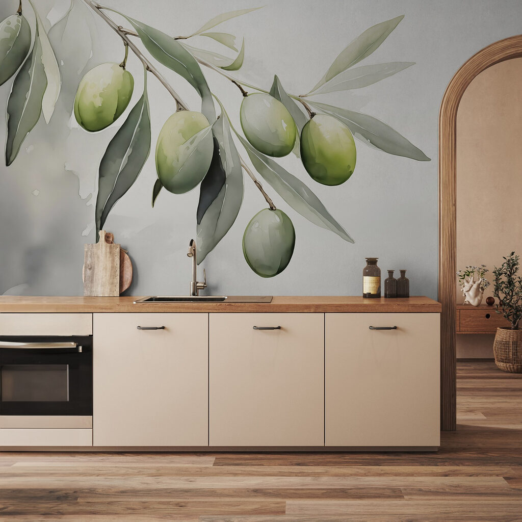 Tak met groene vruchten en bladeren in een interieur