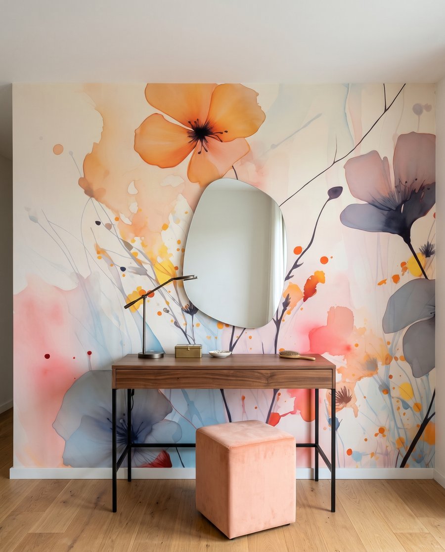 Bloemen in losse kleurvlekken in een interieur