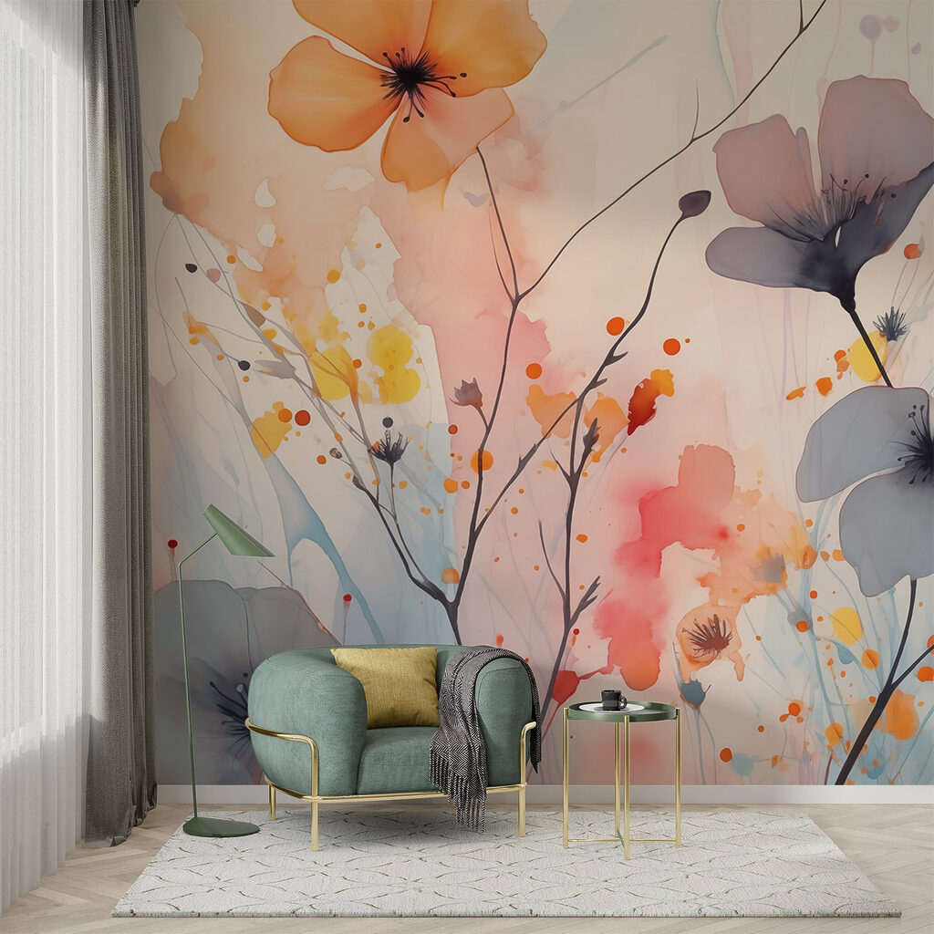 Schilderij van bloemen op een witte achtergrond in een interieur