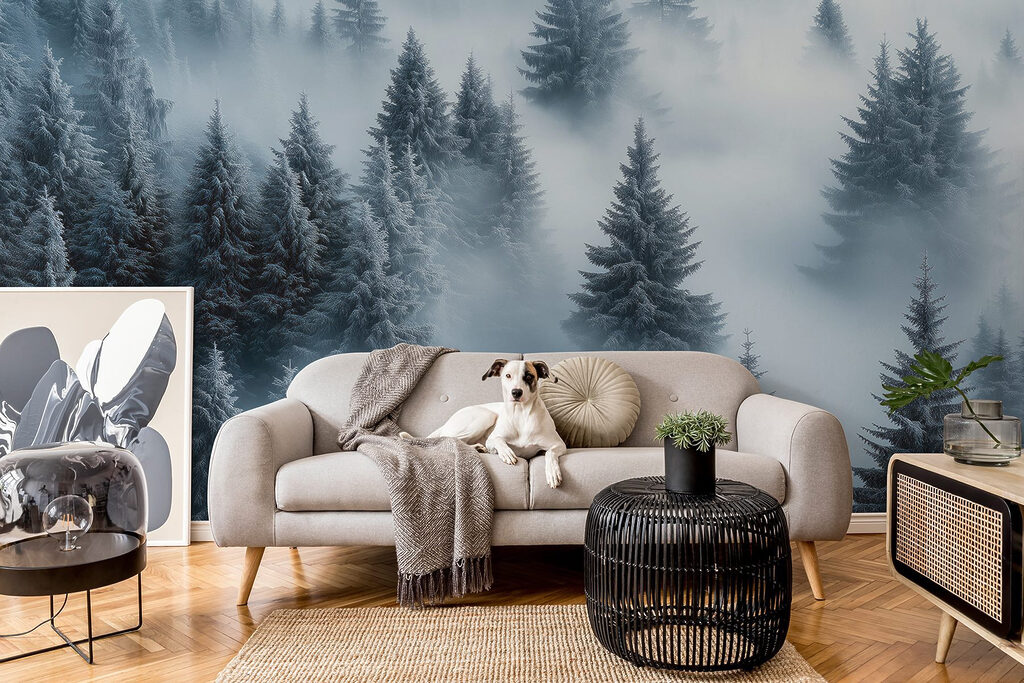 Besneeuwde dennen in bosmist — interieur 2