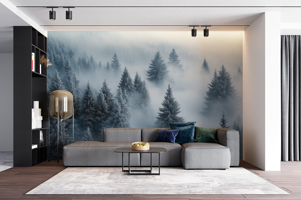 Besneeuwde dennen in bosmist — interieur 3