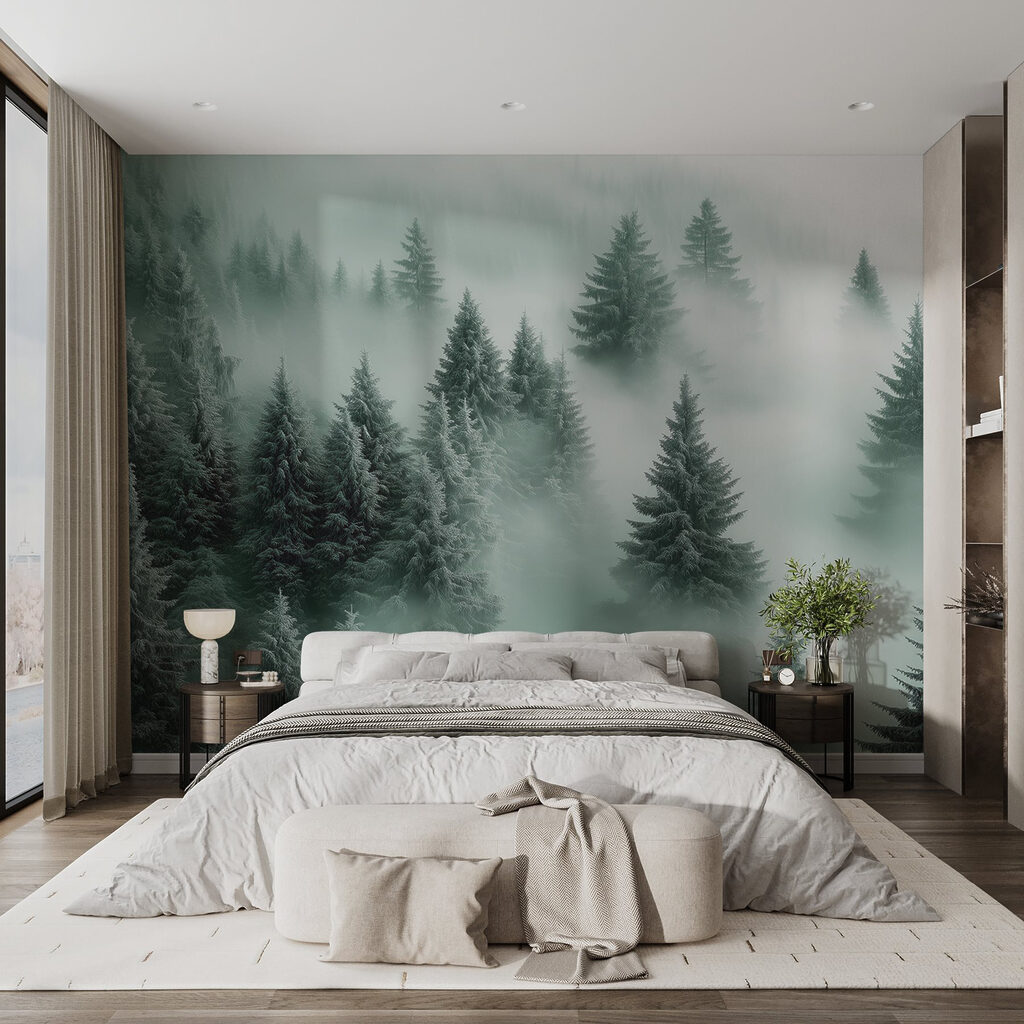Groep bomen in de mist in een interieur