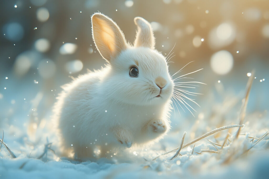 Konijntje springt door winterlicht — volledig ontwerp