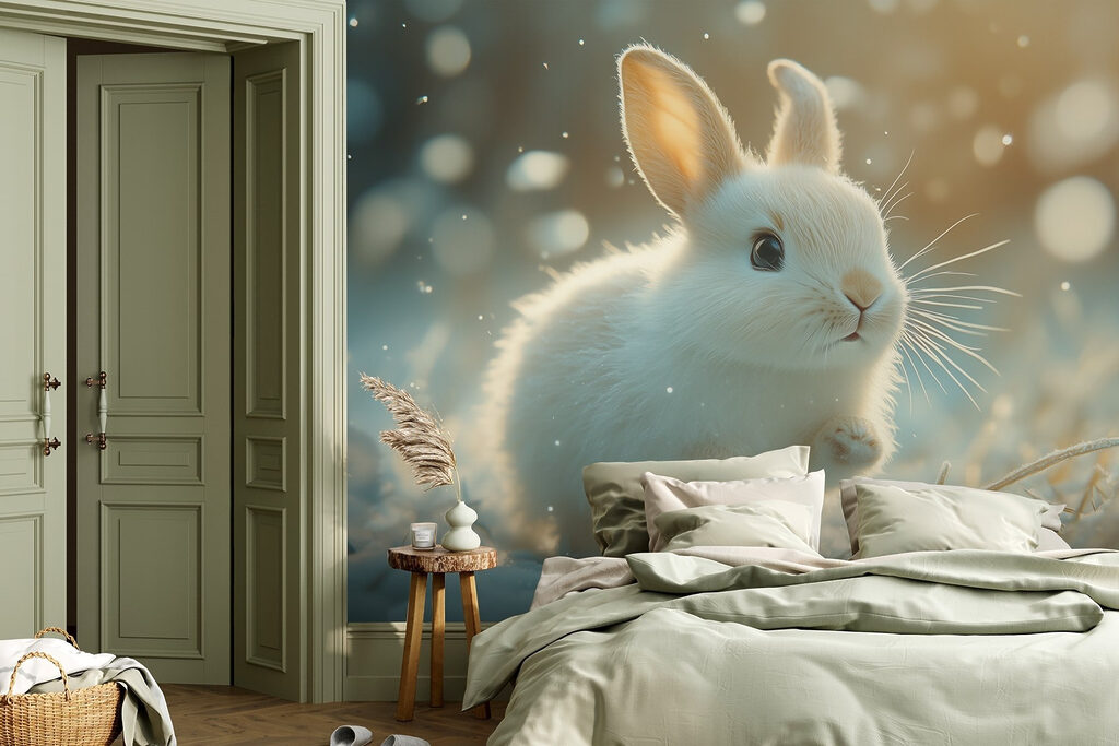 Konijntje springt door winterlicht — interieur 1