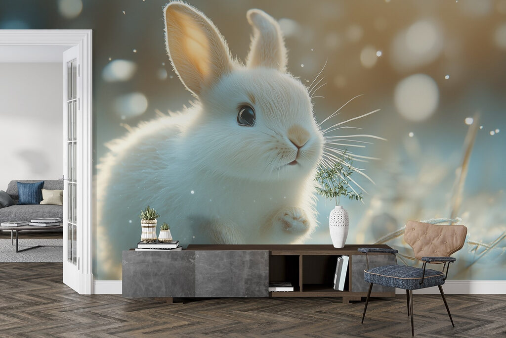 Konijntje springt door winterlicht — interieur 3