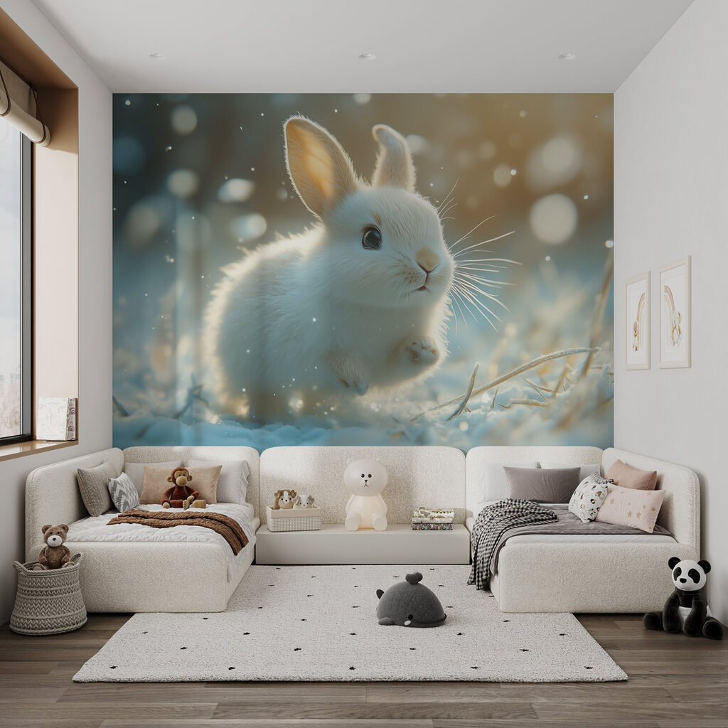 Konijntje springt door winterlicht — interieur 5