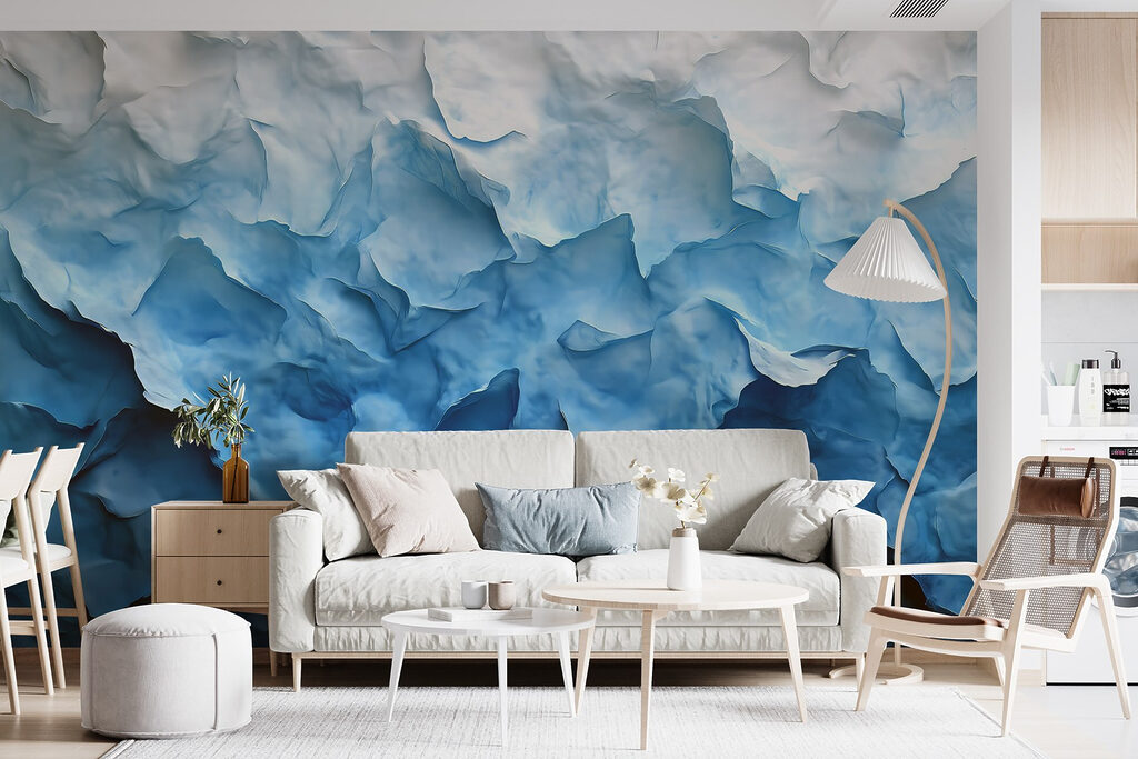 Blauwe verflagen als papierplooien — interieur 1