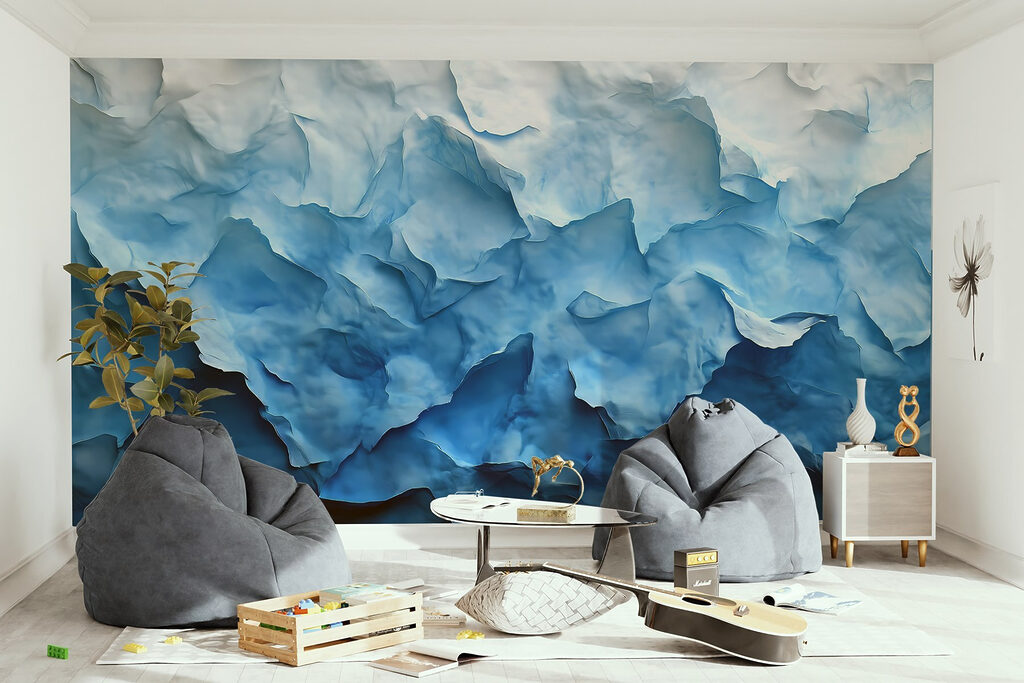 Blauwe verflagen als papierplooien — interieur 2