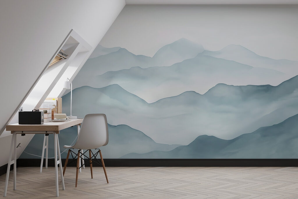 Blauwgrijze berglagen in aquarel — interieur 1