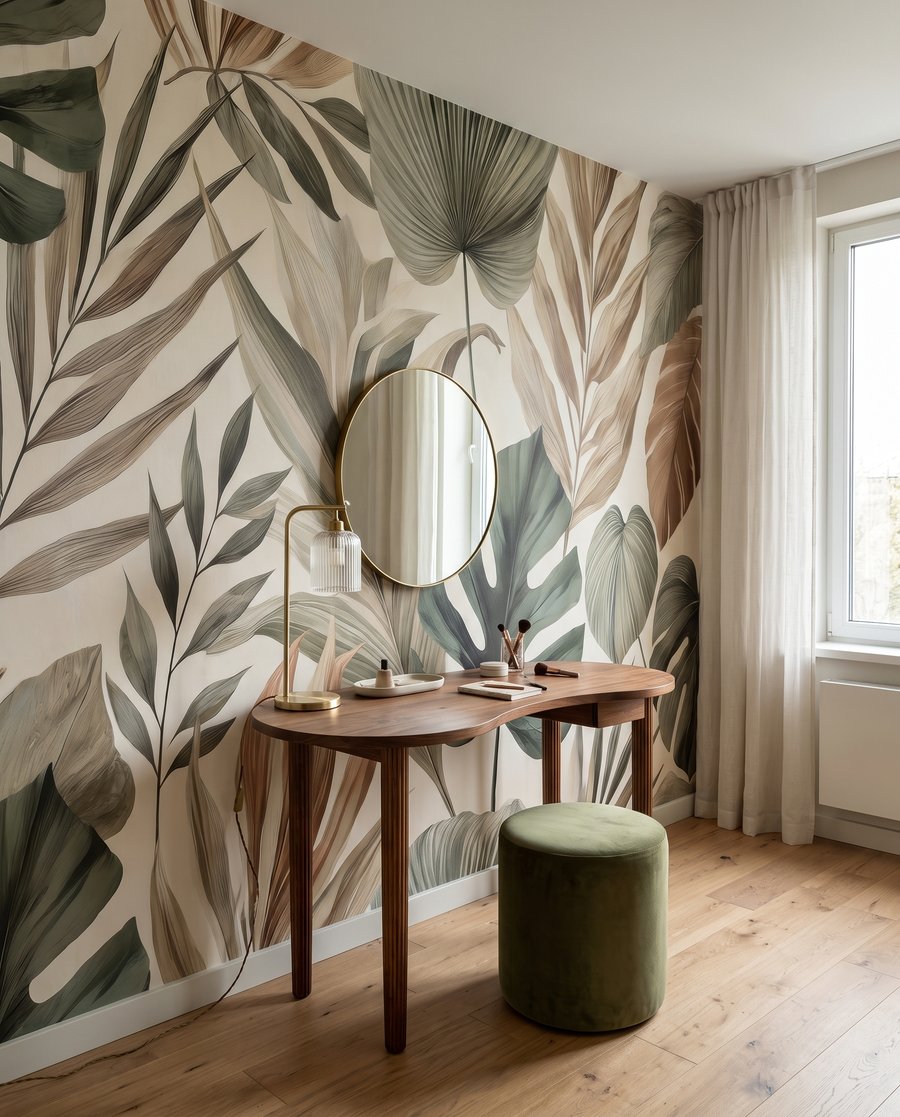 Tropische bladeren in natuurtinten in een interieur