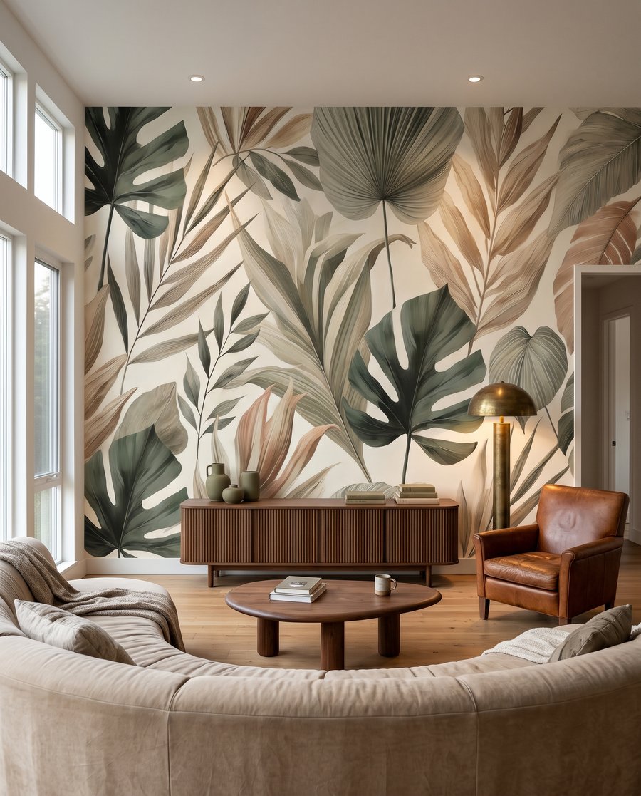 Tropische bladeren in natuurtinten in een interieur