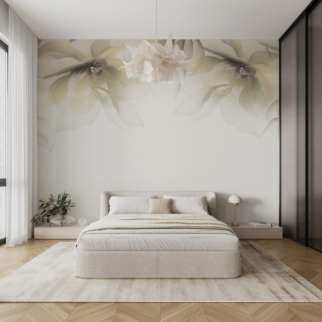 Witte en beige bloemen in een interieur