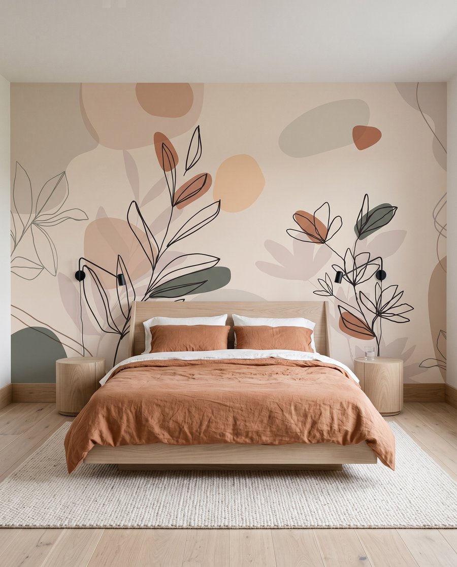 Tekening van bladeren en bloemen in een interieur