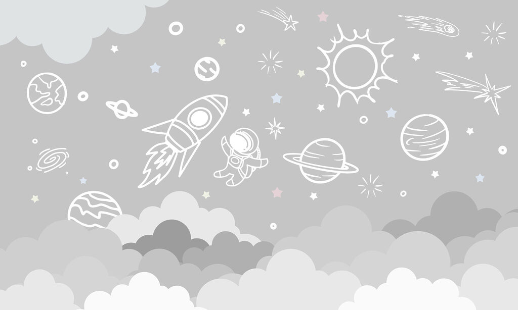 Witte ruimtekrabbels boven wolken — volledig ontwerp