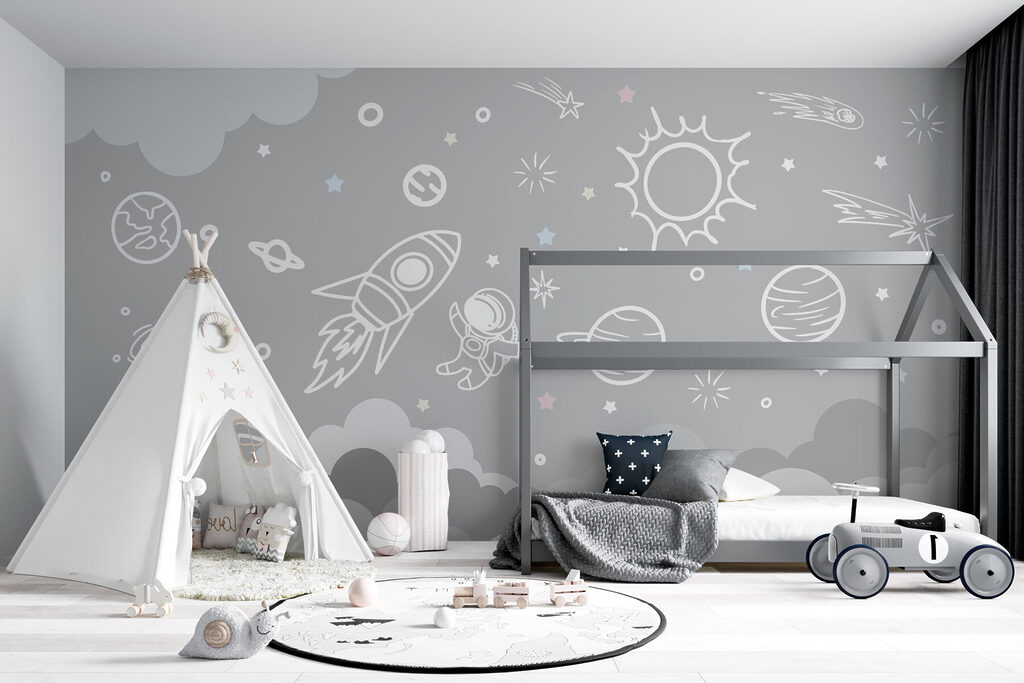 Witte ruimtekrabbels boven wolken — interieur 1