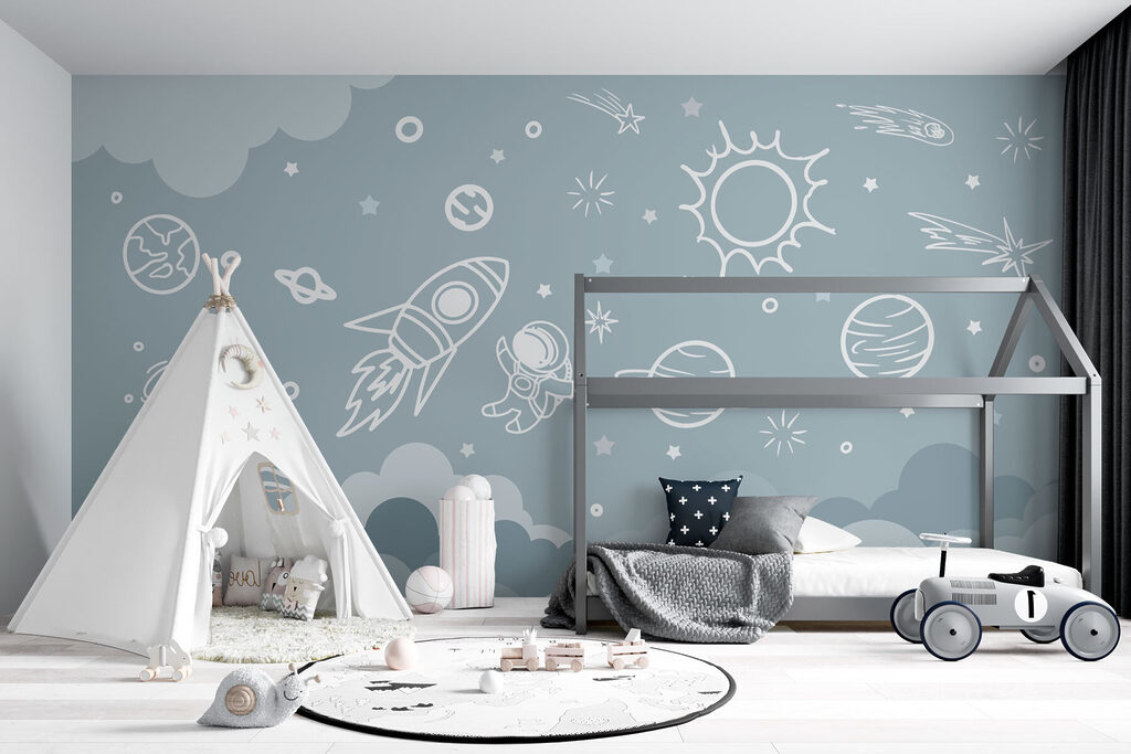 Ruimtescène met wolken en sterren in een interieur