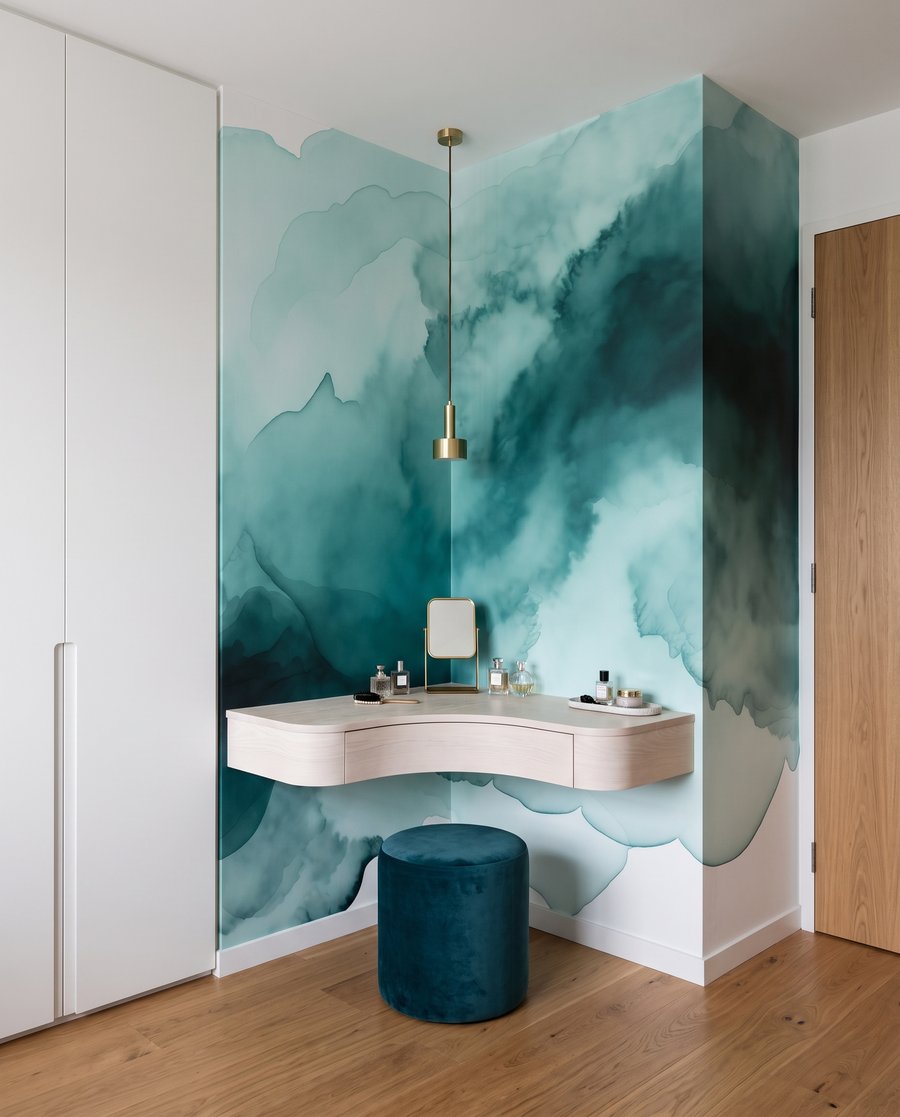 Turquoise inktwolken vloeien breed — interieur 3