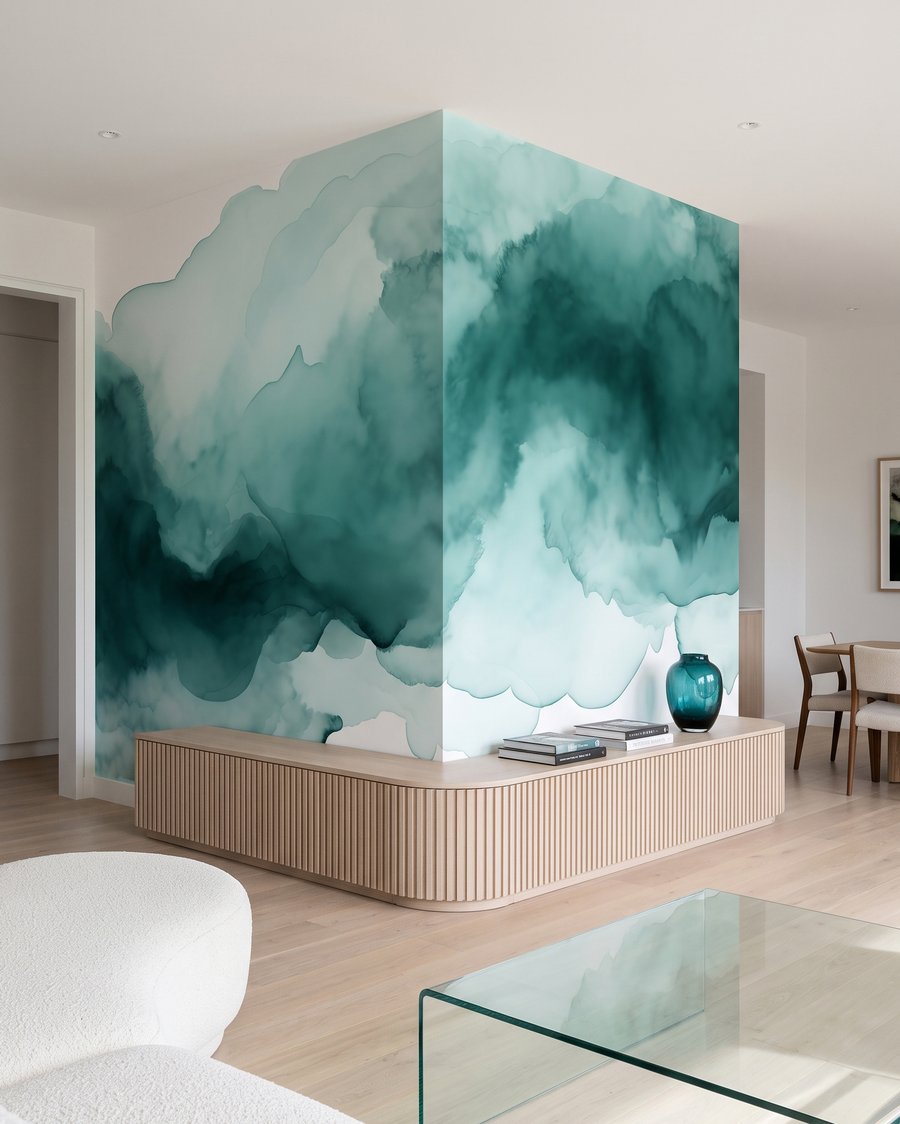 Turquoise inktwolken vloeien breed — interieur 1
