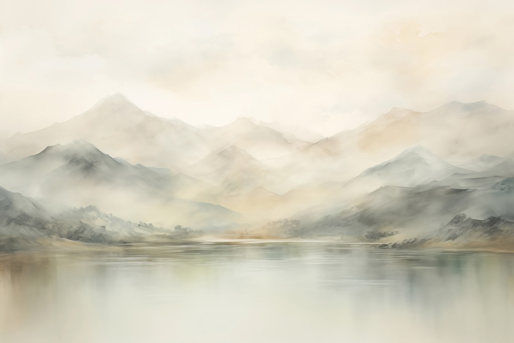 Nevelbergen langs stil water — volledig ontwerp