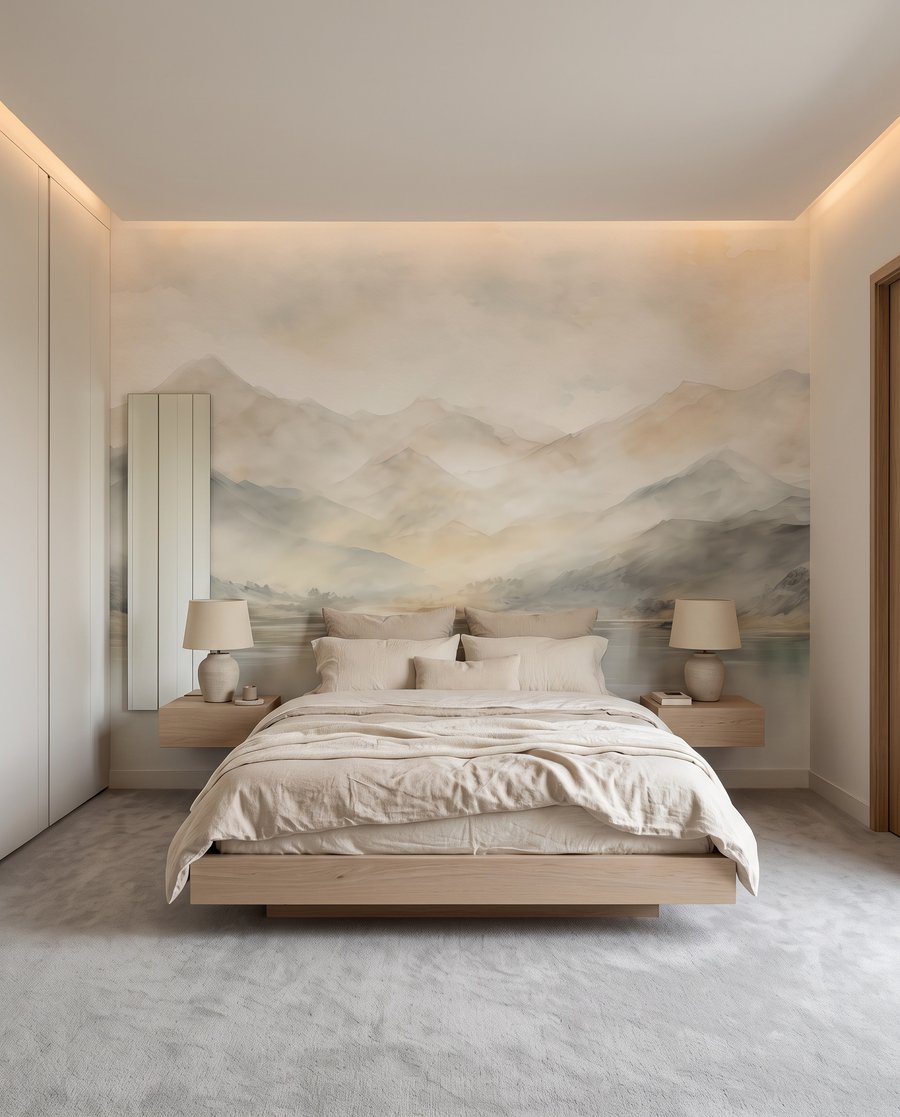Nevelbergen langs stil water — interieur 2
