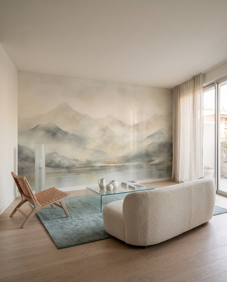 Nevelbergen langs stil water — interieur 3