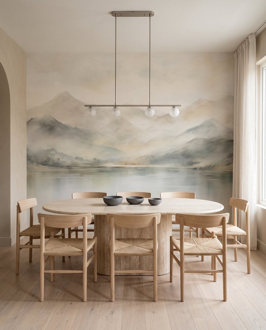 Water en bergen in de verte in een interieur