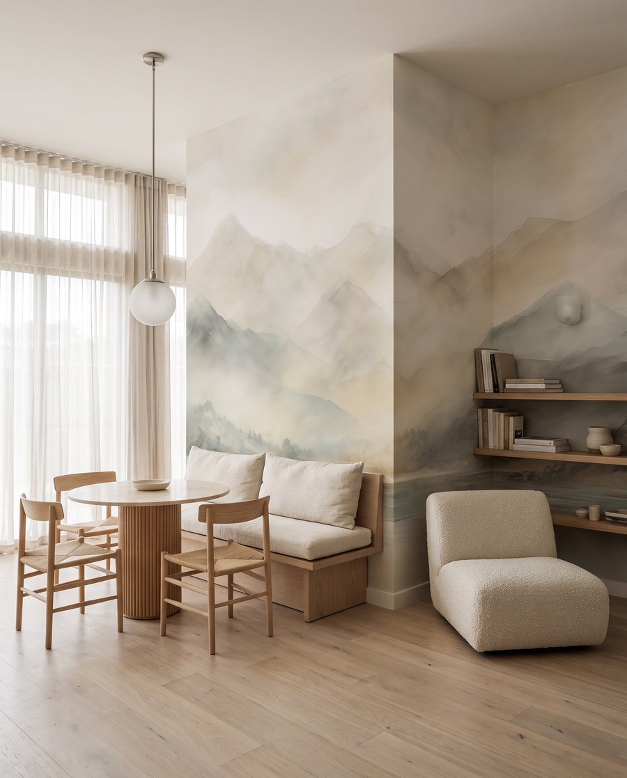 Nevelbergen langs stil water — interieur 4