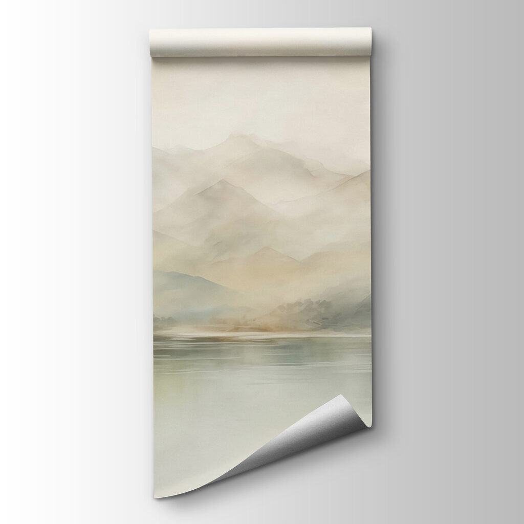 Nevelbergen langs stil water — productweergave