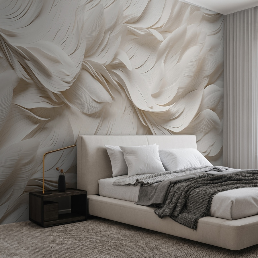 Witte veren op een oppervlak in een interieur