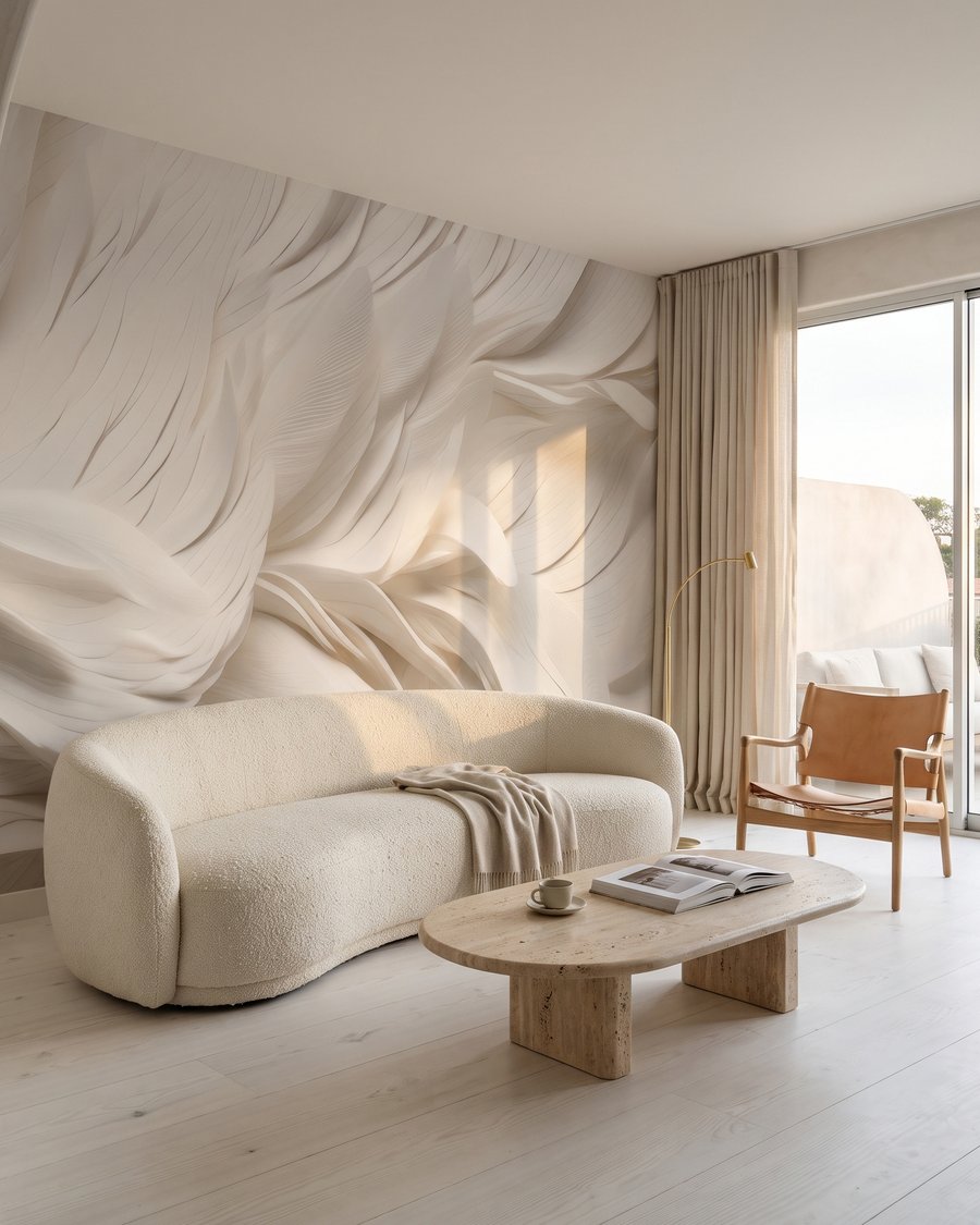 Witte veren in lagen in een interieur