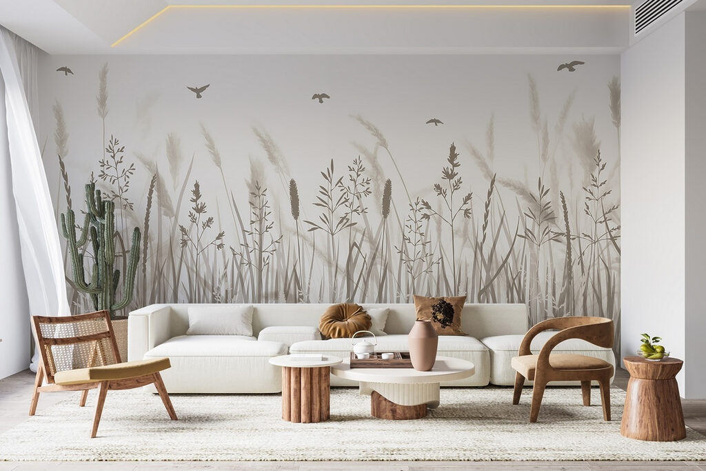 Vogels boven getekende grasweide — interieur 1