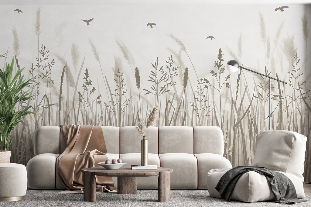 Vogels boven getekende grasweide — interieur 2