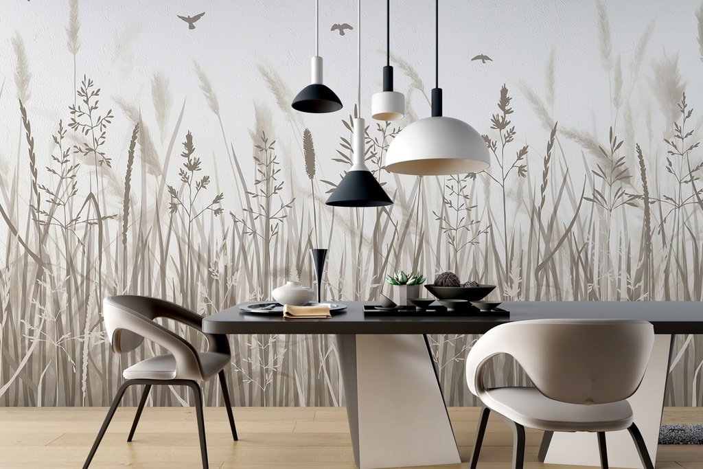 Vogels boven getekende grasweide — interieur 4